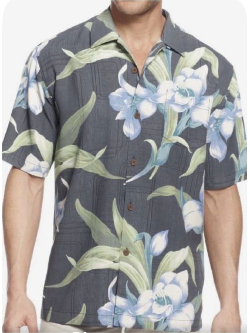 Tommy Bahama 100% Silk Hawaiian Shirt Dark Gray w/ Blue and Green Floral Size Lg